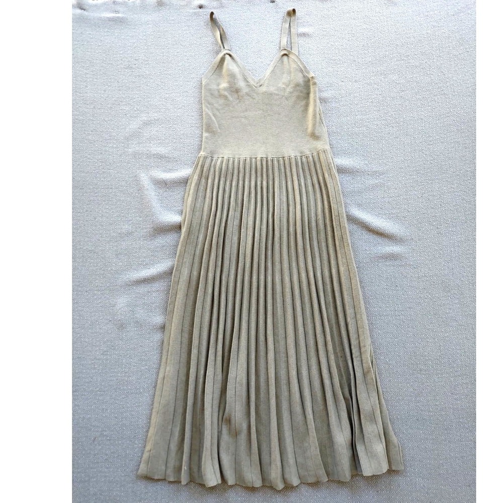 A New Day‎ Dress Womens M Green Pleated Sweater Dress Midi Knit V-Neck Strappy